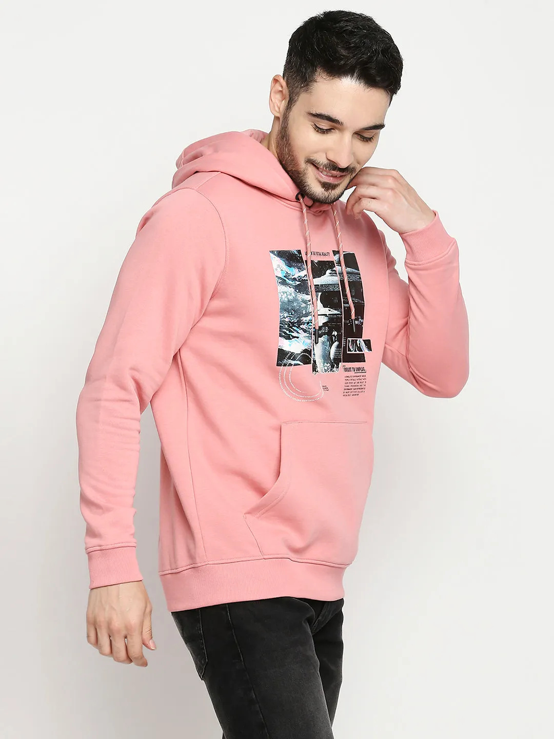 Spykar Dusty Pink Cotton Full Sleeve Hooded Sweatshirt For Men