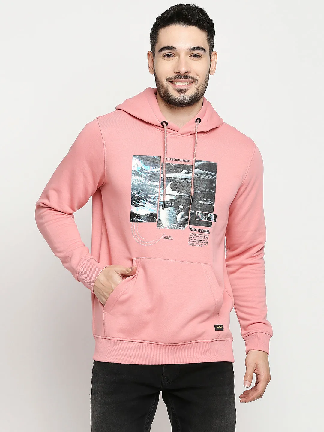 Spykar Dusty Pink Cotton Full Sleeve Hooded Sweatshirt For Men