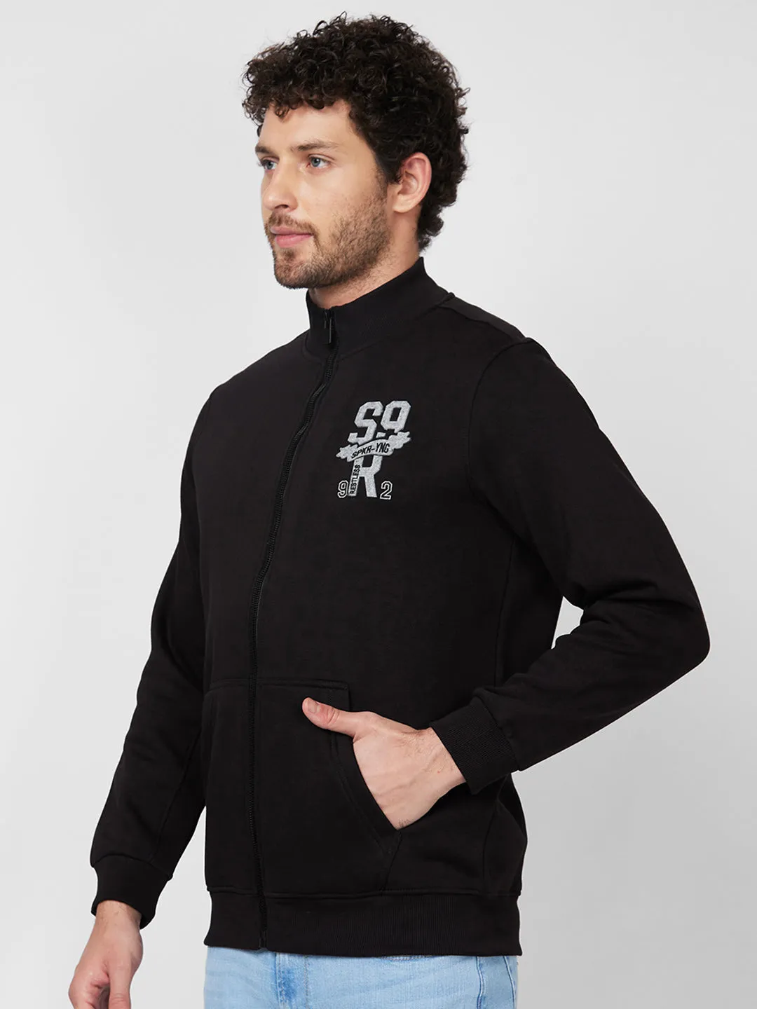 Spykar High Neck Full Sleeve Black Sweatshirt For Men