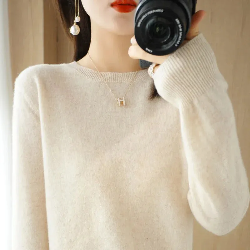 Womens Autumn Winter Casual Knitted Crew Neck Cashmere Sweater