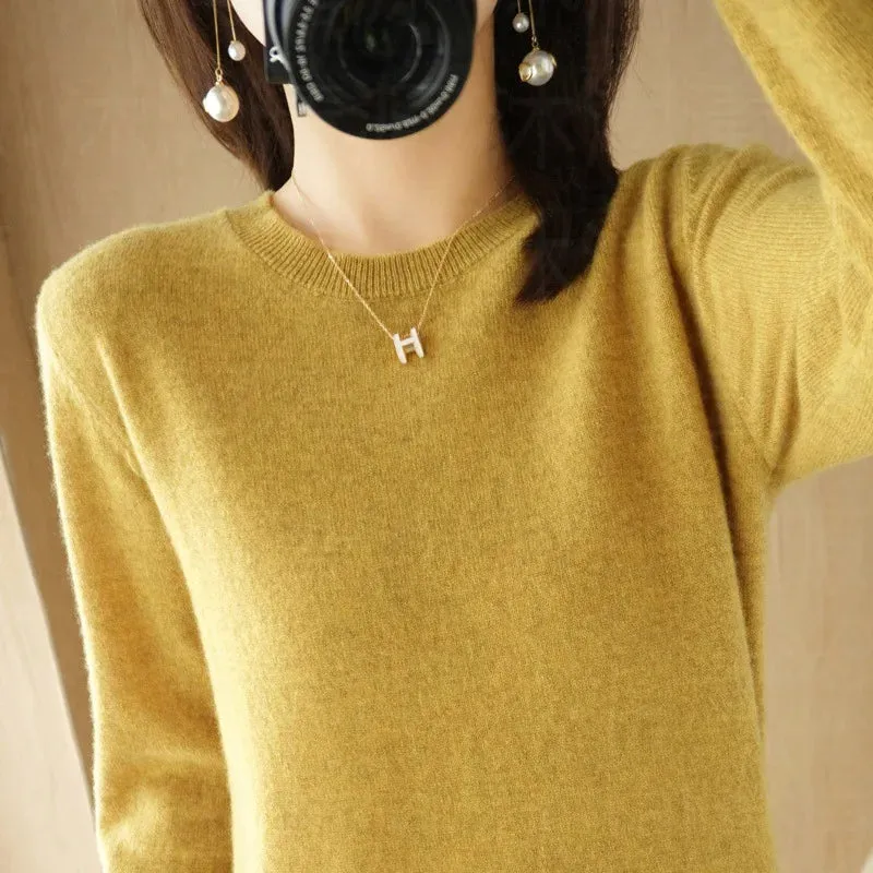 Womens Autumn Winter Casual Knitted Crew Neck Cashmere Sweater