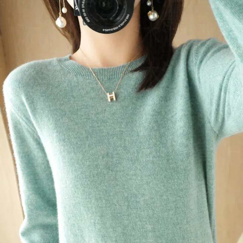 Womens Autumn Winter Casual Knitted Crew Neck Cashmere Sweater