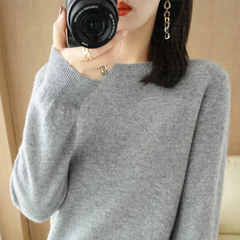 Womens Autumn Winter Casual Knitted Crew Neck Cashmere Sweater