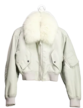 Yves Salamon Grey Cropped Bomber Jacket With Real Fur Collar And Detachable Fur Lining Fr34 UK 6