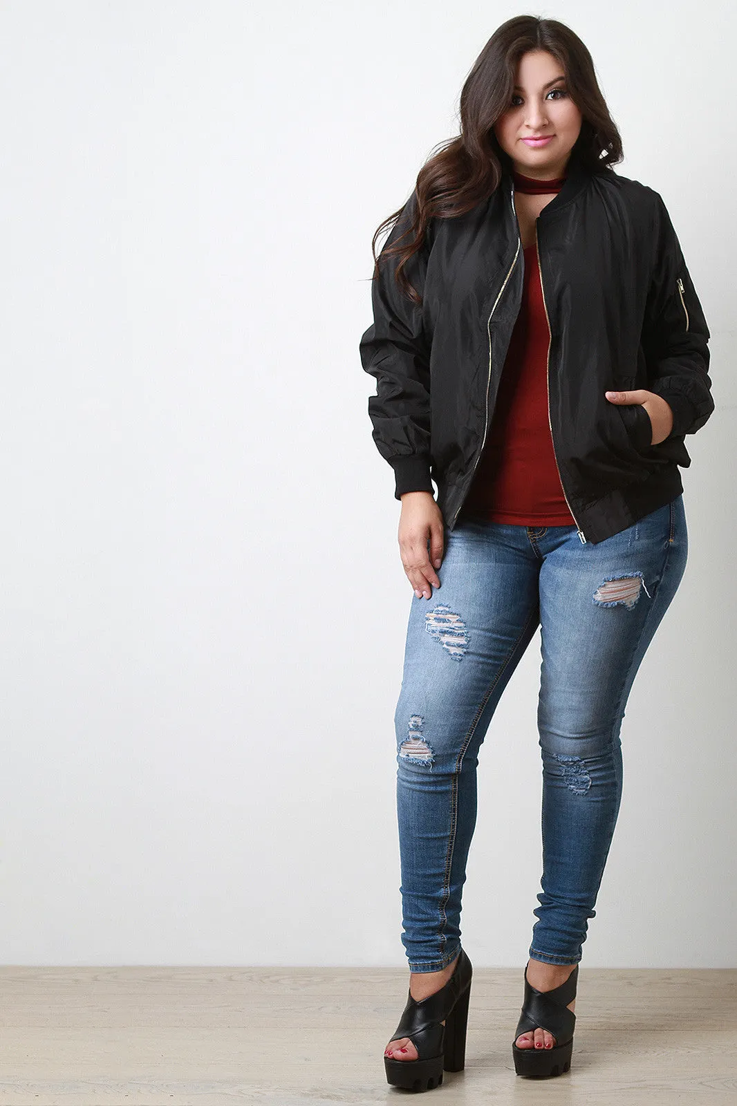 Zipper Pocket Sleeve Bomber Jacket